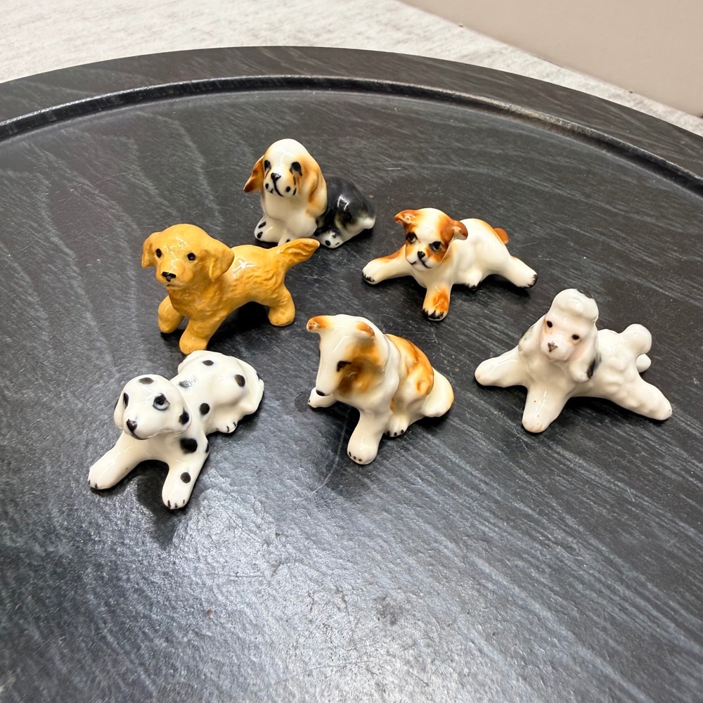 Vintage Miniature Porcelain Dog Figurines Set of 6 Mixed Breeds Ceramic Pups